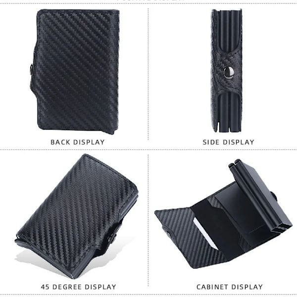 RFID-blockerande metallisk dubbel kreditkortsbox för män och kvinnor i kolfiberläder, miniplånbok, korthållare, pengaclip fiber black