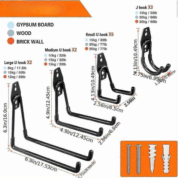 (SC) Steel Garage Hooks 12 pcs for Wall Mounted Storage Rack Black