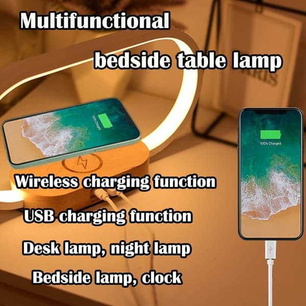 (SC)Durable Desk Lamp with Fast Wireless Charger, Portable Dimmable Touch Lamp for Reading, LED Eye-Friendly Reading Lamp with Clock Function for Bedroom