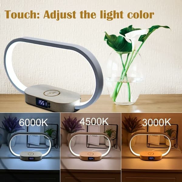 (SC)Durable Desk Lamp with Fast Wireless Charger, Portable Dimmable Touch Lamp for Reading, LED Eye-Friendly Reading Lamp with Clock Function for Bedroom