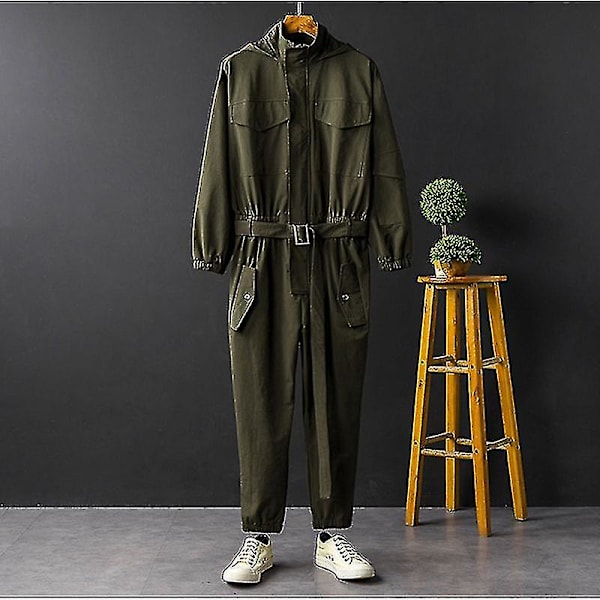 Nye Overalls Herre Jumpsuit Hætte Langærmet Strålefødder Japansk Gade Sort black S  45 - 52.5 KG