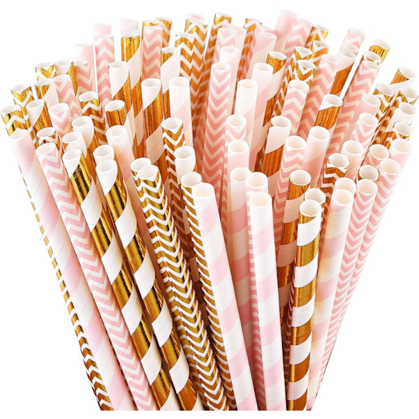 Biohajoavat paperipillit, 100 pinkkiä pilliä/kultapilliä, sopivat juhliin