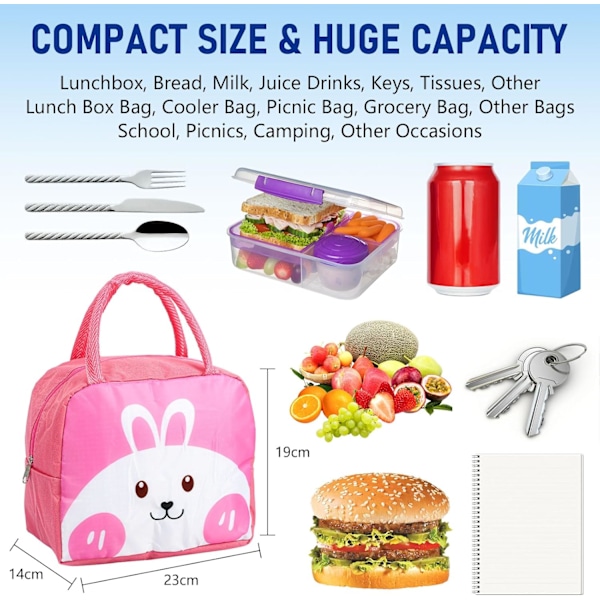 Lunchväska för barn, flickor, pojkar, studenter, återanvändbar tecknad isolerad lunchväska, små hopfällbara vattentäta lunchväskor för resor, picknick, skola Pink Rabbit
