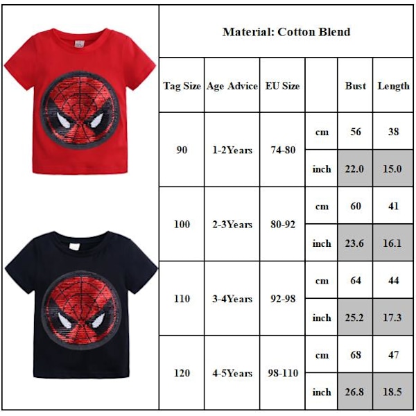 Barn Pojkar T-shirt Vändbar Paljetter Spiderman Tryck T-shirt Röd Red 1-2 Years