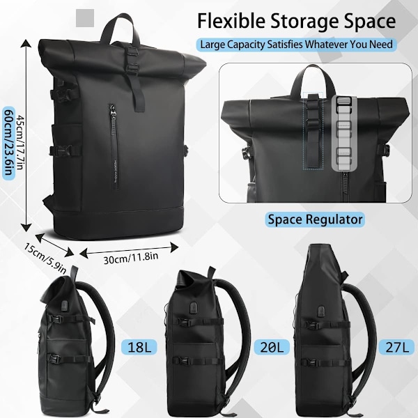 Rulltopp Ryggsäck Stor Laptop Ryggsäck 17'' USB Port Vattentät Anti-Stöld Ryggsäck Resa Vandring Camping College Skola Arbete
