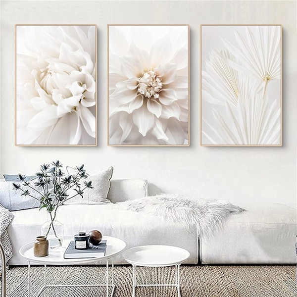Sæt af 3 Posters Hvide Rose Blomsterbilleder, Uindrammede Vægbilleder, Boho Billede Sæt Vægdækning til Stue Soveværelse