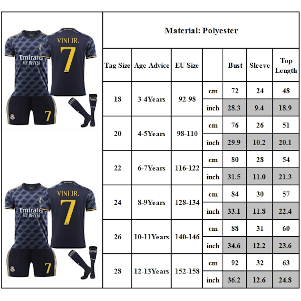 Real Madridin 2023-2024 Vieraspaita + Shortsit Lapsille Vinicius Nro 7 Jalkapallojoukkueen Urheilufanien Paidat Setti Pojille Tytöille Nuorille 3-4Years