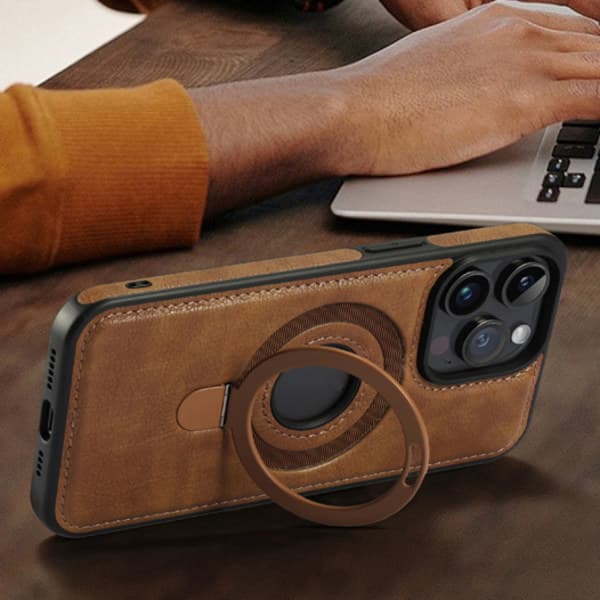 {SC}Retro PU Leather Magnetic Phone Case for iPhone 16 15 14 13 Pro Max Plus - with Invisible Ring Holder Support Wireless Charging bru iPhone 16 Pro Max