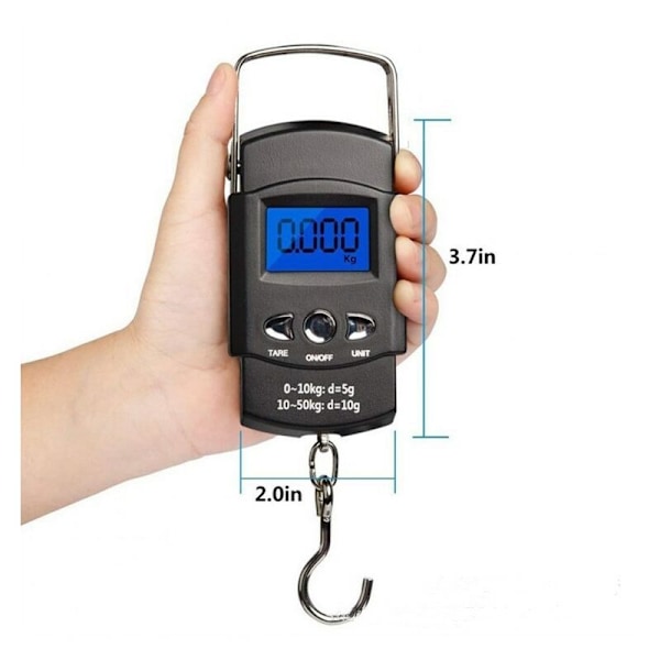 Kalastusvaaka (50 kg) Kannettava matkatavaravaaka elektroninen koukku LCD-näytöllä ja mittanauhalla.