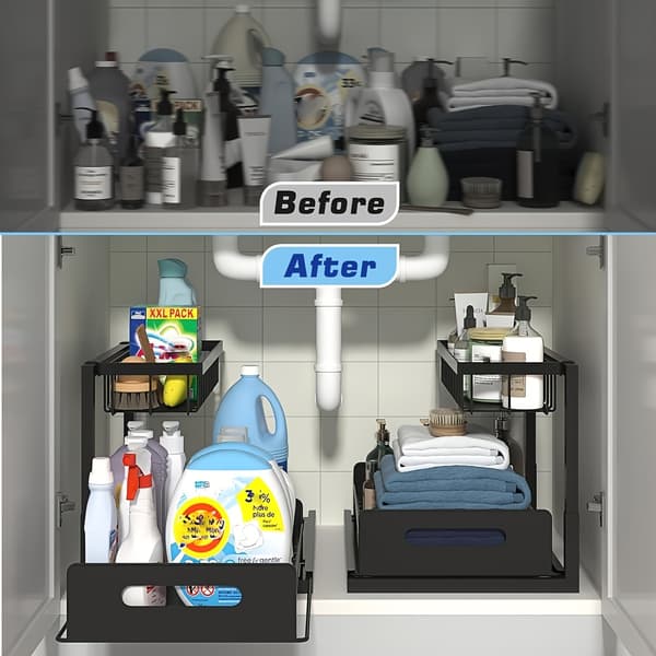 (SC) 2-Tier Under Sink Organizer Heavy Duty Metal Pull Out Cabinet Shelf White Space Saving Bl Black 2 Pack