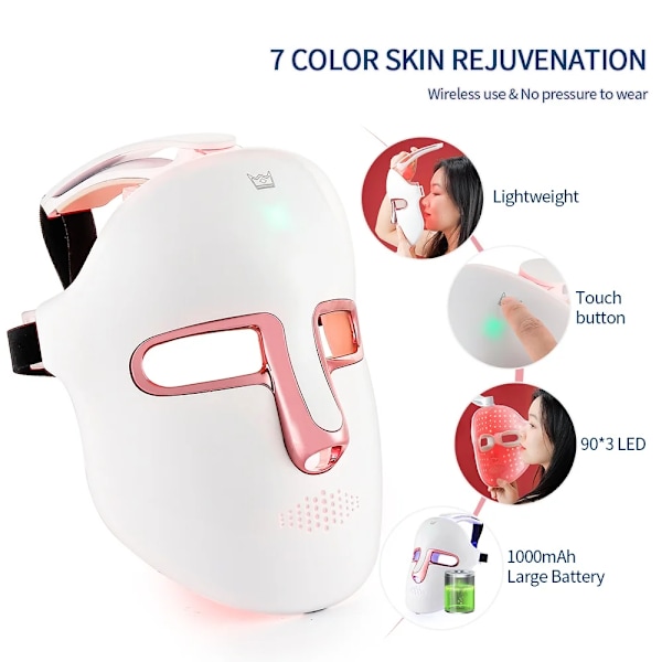 Trådlös 7-färgs LED Photon Behandling Skönhetsmask Vit 18.6*23.3cm