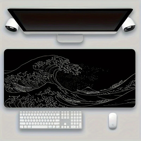 Mussematte XXL, stor laptop-mussematte, spilltilbehør, tastatur-mussematte, gummi, sklisikker, tastaturmatte, svart bølger black waves 180X220X2MM