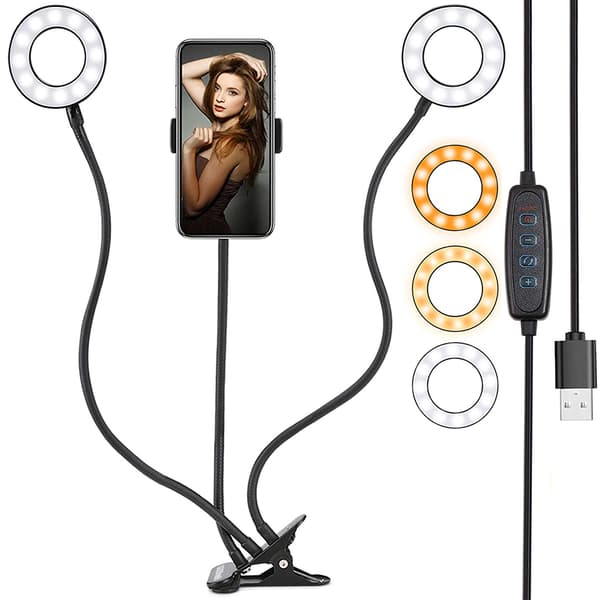 (SC) Black Ring Double Lamp with Mobile Phone Holder for Livestream/Makeup, LED Camera Light with Flexible Arms Compatible with All iPhone Models