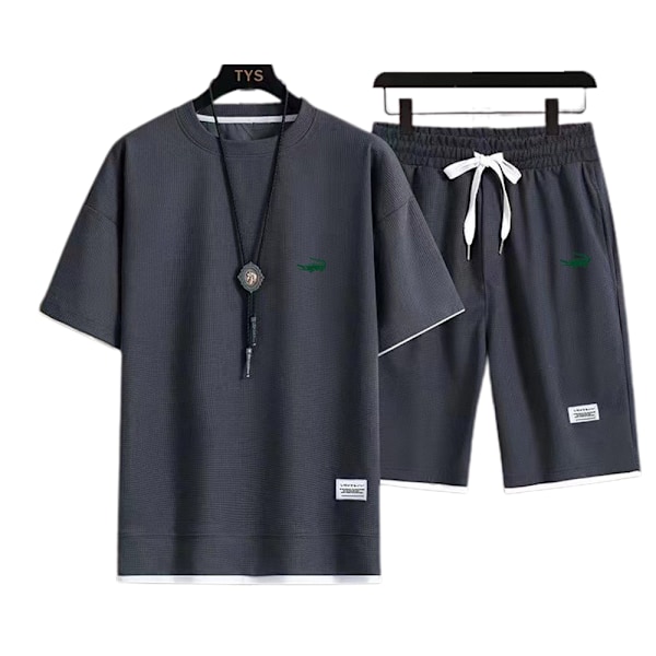 Herr Sommar Casual Kortärmad Loungewear Träningsoverall T-shirts Shorts Outfits Mörkgrå Dark Grey L