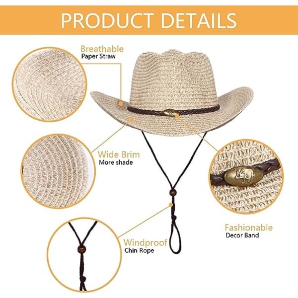 Western Cowboyhatt (med tau) for kvinner og menn med sammenleggbar sommer solskjerm stråhatt bredbremmet hatt, beige