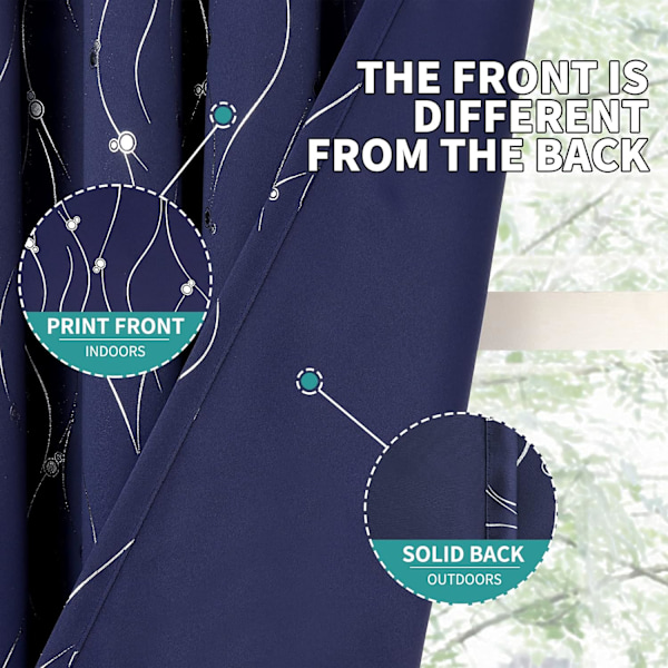 Mörkblå mörkläggningsgardiner 84\" långa 2 paneler hylsisolerade rumsmörkläggningsgardiner med våglinje och tryck sovrum, 52 x 84\"