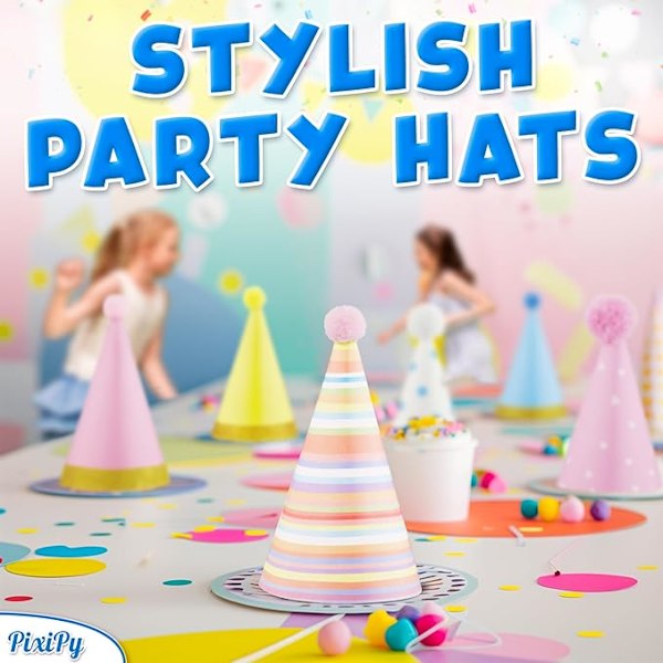 Födelsedagshattar, Set med 10 Happy Birthday Konformade Partyhattar för Barns Födelsedagsfest - Partyartiklar och Dekorationer från PixiPy A
