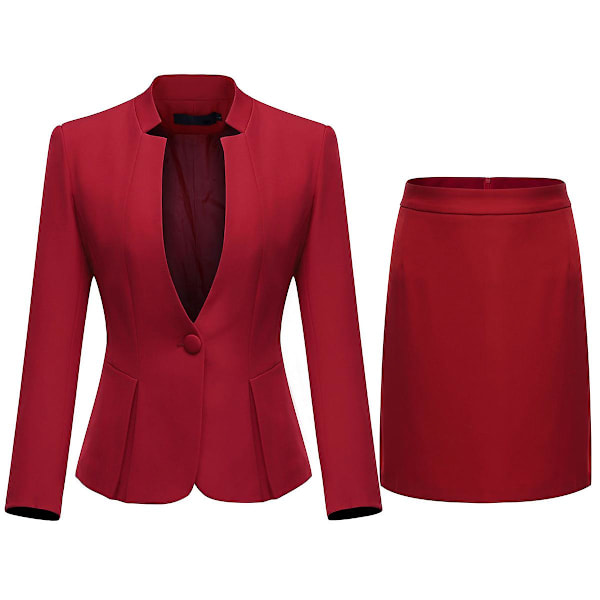 Yynuda Dam 2-delad Ståkrage Enfärgad Business Kostym Kontorsdam Slim Professionell Klänning (blazer + kjol) Red XL