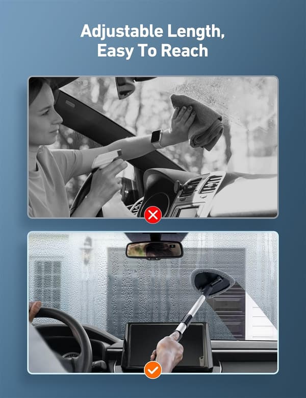 [SC] Windshield Cleaning Tool, Car Interior Detailing Cleaning Kit with Extendable Handle and 4 Reusable Microfiber Pads, Gray-FF- Grey