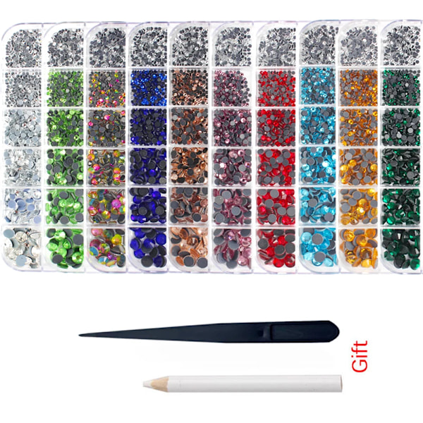 Het Försäljning Nytt Set 1200st 12 Fack Kristallstrass Hotfix ss6-ss30 Blandad Storlek Glitter Glas Strass Stryk-på Ädelsten Strass