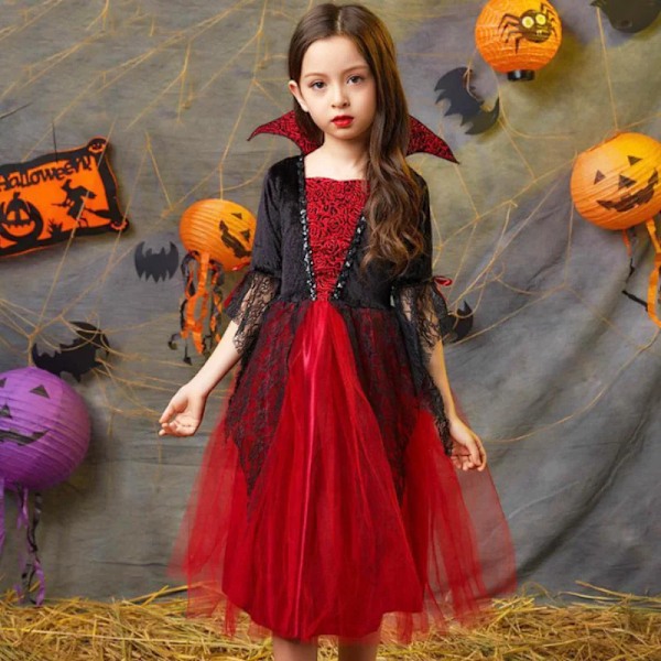 2024 Tyttöjen Cosplay Vampyyri Halloween Mekko Lapsille Aavemorsian Goottilainen Puku Kreivi Vampiran Karnevaali Asu Musta Punainen Vaatteet Tarvikesetti 2 120cm Acc Set 2