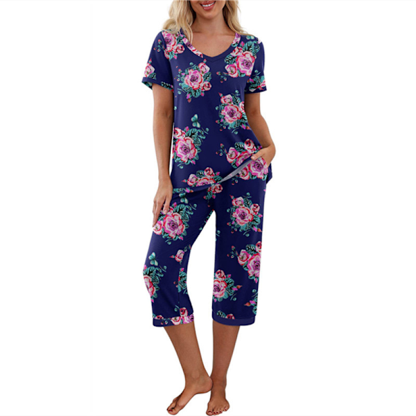 Dames Pyjamas 2-delt Søvn Tøj Kortærmet T-shirt & Capri Bukser Blå Navy Blue 2XL