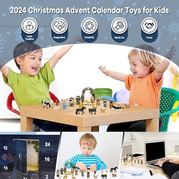 Adventskalender 2024, 24 Dages Juleevangeliet Adventskalender Scene Legetøjs Sæt til Børn, Jule Nedtællingskalender Samleobjekter Overraskelseslegetøj til Børn
