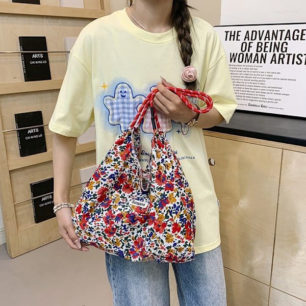 Japanin ja Etelä-Korean Instagram-kukallinen kangaskassi Suuri kapasiteetti Käsi- ja olkapäälaukku Nyöriaukkoinen ostoskassi Raikas kangaskassi Opiskelijan olkalaukku Style 4