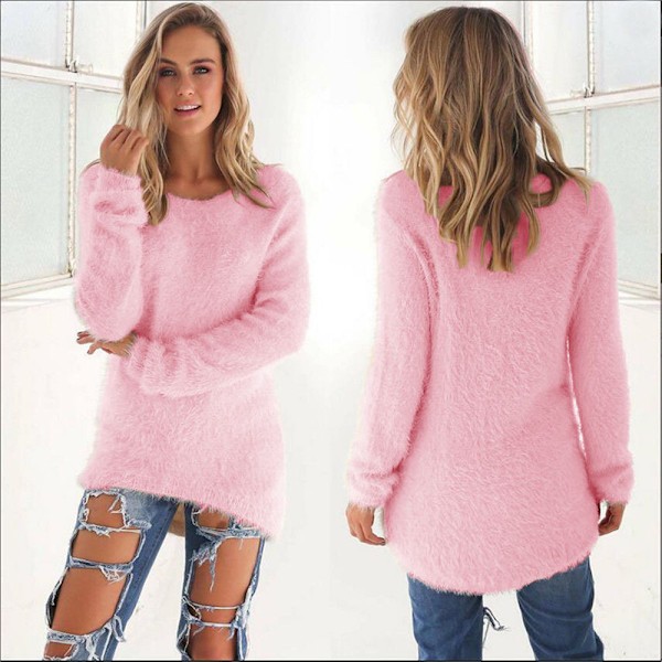 Dame Langærmet Pludset Trøje Jumper Trøje Weatshirt Top Pink pink S