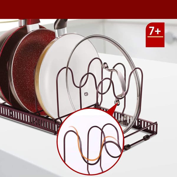 (SC)Kitchen Countertop Organizer, Extendable Length Iron Pot And Pan Organizer With Adjustable Dividers, Quick Assembly Durable And Rustproof Lid Holder