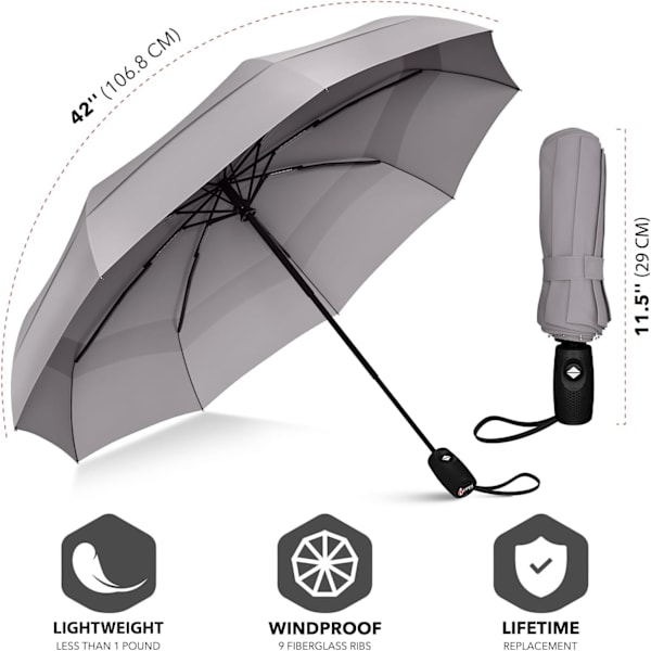 Repel Vindtæt Rejseparaply til Regn - Nem Automatisk Åbning og Lukning, Holdbar & Kompakt Paraply, Stærk Fiberglasramme, Vandafvisende Tag Gray