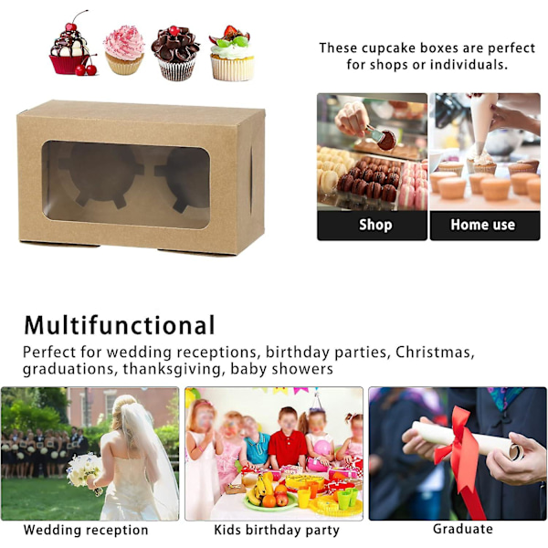 50 st 2-Håls Pappersmuffinslådor, Kaklådor med Fönster och Insatser för Bakverk, Kakor, Muffins, Pajer, Pajmuffins (Brun)
