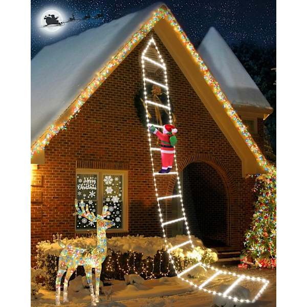 3M Stige Julelys med Julenissen - LED Utendørs Julelys, 8 Lysmoduser Julelys for Innendørs Utendørs Juledekorasjon (Hvit) Multicolored