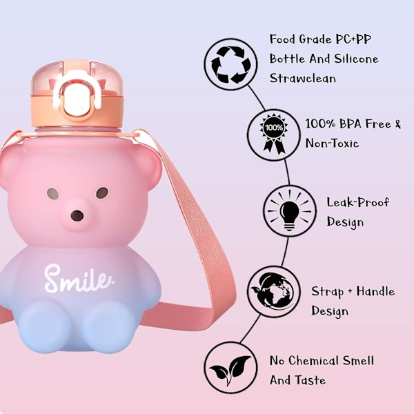 Kawaii-karhuvesipullo pillillä ja hihnalla, 800 ml söpö gradienttivärinen vesipullo kannettava tiivis BPA-vapaa juomakuppi lapsille tytöille