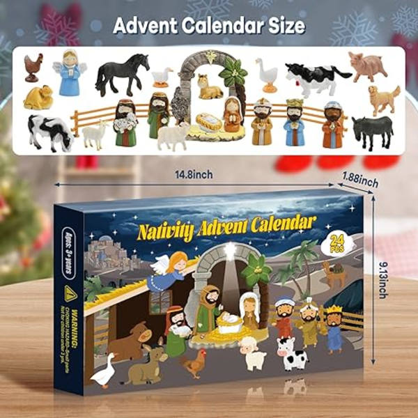 Adventskalender 2024, 24 Dages Juleevangeliet Adventskalender Scene Legetøjs Sæt til Børn, Jule Nedtællingskalender Samleobjekter Overraskelseslegetøj til Børn