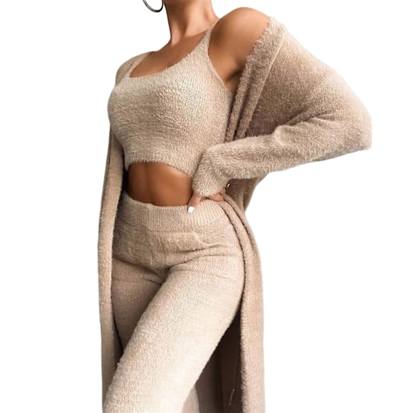 Koselig strikket 3-delt pysjamassett for kvinner - Sexy, varm og myk fleece - Åpen front hettegenser, bukser (S)