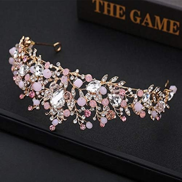 Flickor Kristall Tiara Prinsessa Kostym Krona Hårband Bröllop Hår Tillbehör Födelsedag Nattvardsgång Halloween Jul Tårta Topper Klä Ut Golden & Pink