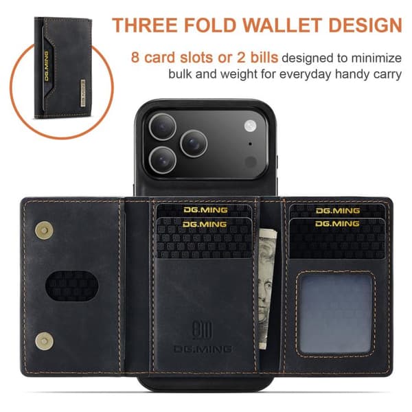 [SC]iPhone 17 Pro Max Case Leather Wallet DG.MING M2 Series 3-Fold Card Bag Svart