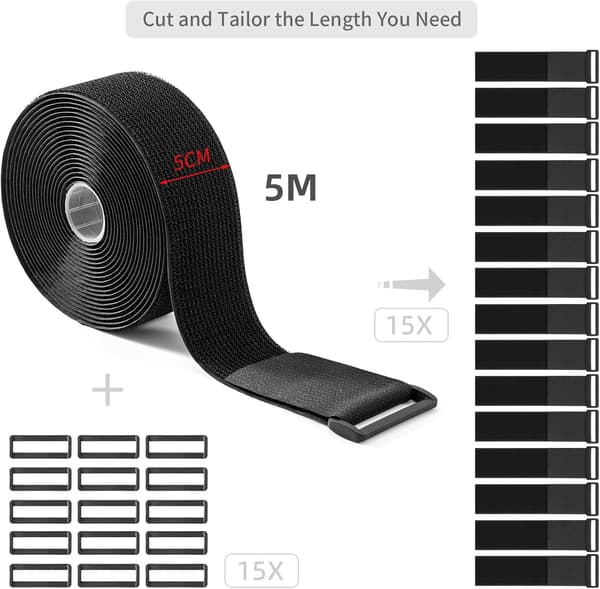 [SC]5cm x 5m Heavy Duty Velcro Strap with 20 Loops - Adjustable, Cuttable, Reusable Strap for Securing Cables, Hoses, Pipes, etc.