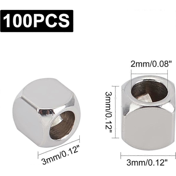 100 st 3 mm Kub Pärlor Rostfritt Stål Lösa Pärlor Metall Distanspärlor Armbandspärlor för Armband Halsband Smyckestillverkning 2 mm Hål