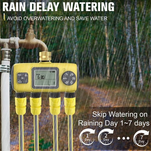 (SC) Automatic 4-Way Garden Irrigation Timer, Threaded Compatible with BSP 3/4 Inch Four-Way Irrigation As Shown