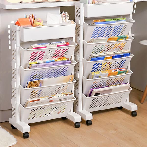 (SC)Portable Bookshelf with Wheels for Classroom Use, Rolling Book Cart with Multi-Layer Capacity and Rotatable and Removable Shelves, Storage