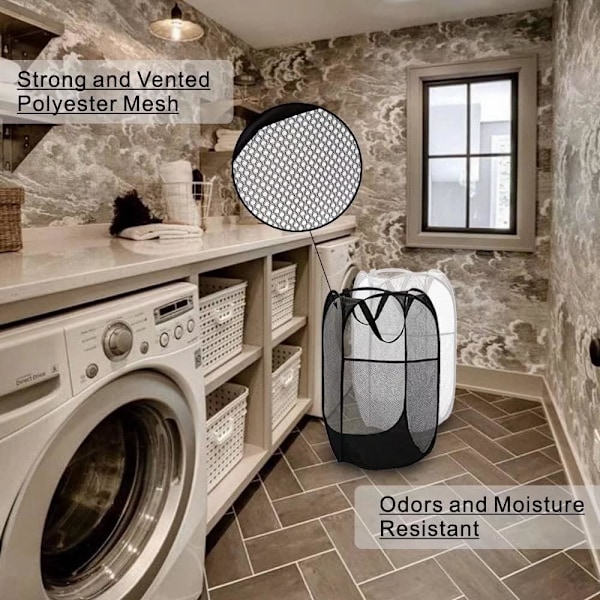75L Deluxe Sterk Mesh Pop-up Vaskeromskurv med Sidelomme for Vaskerom, Bad, Barnerom, Sovesal eller Reise (2 stk Svart)