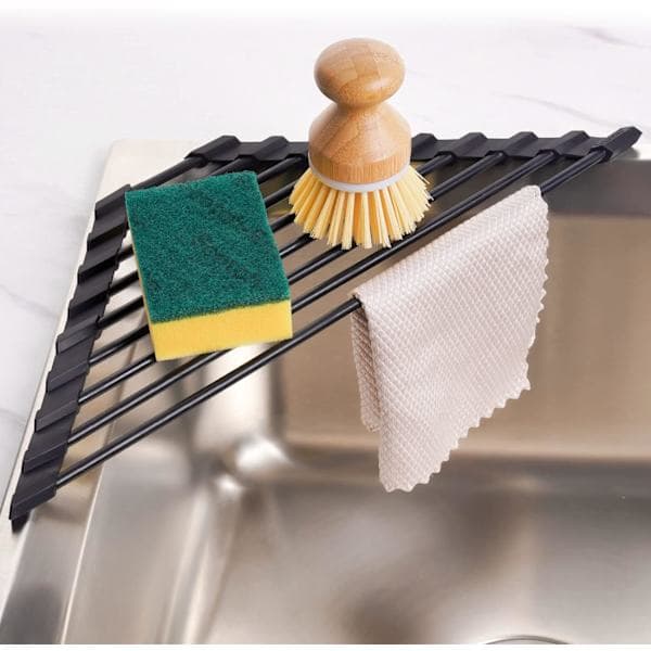 {SC}Small Triangular Foldable Dish Drying Rack with Silicone Coating, Stainless Steel Frame for Sink Corner, Multifunctional Drain Rack (Black)