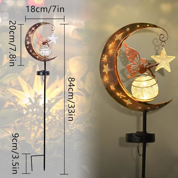 Sett med 2 solcellelamper, utendørs hagedekorasjon måneformet lampe, LED solcellelampe for plen, terrasse, balkong, hagedekorasjon (Fairy)