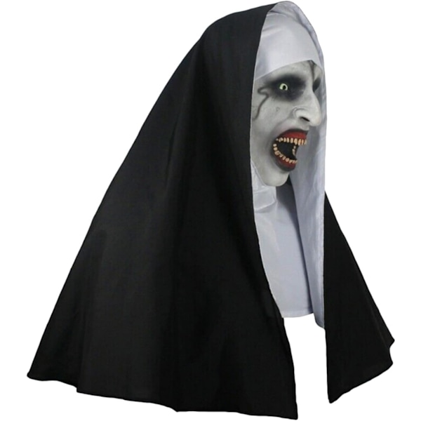 Skummel Nonne Halloween Maske Realistisk Åpen Munn Latex Hettemaske med Hetter for Halloween Kostymefest Rekvisitter