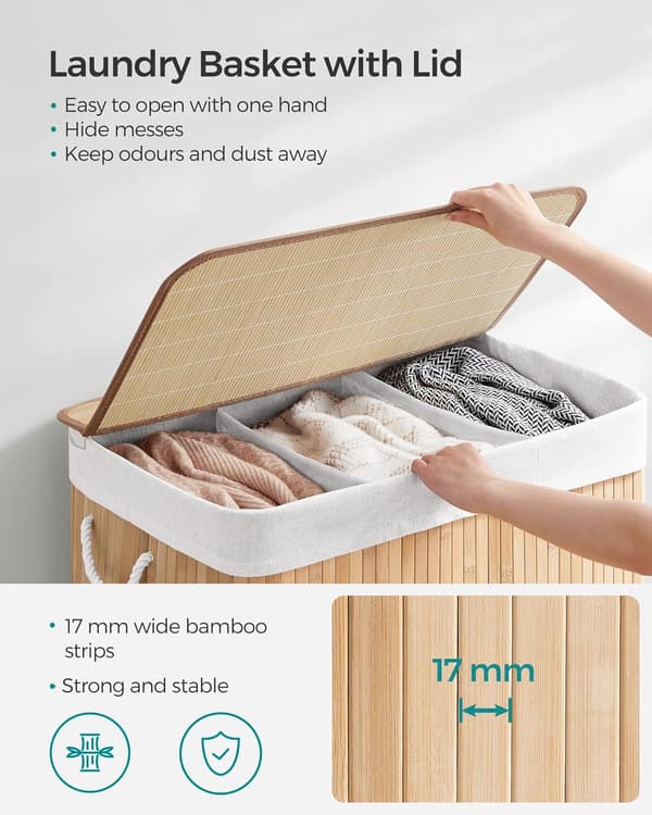 (SC) Laundry Hamper with 3 Sections, Lid and Handles, 150L, Foldable for Laundry Room, Bedroom, Bathroom, Natural