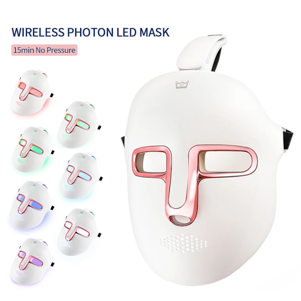 Trådlös 7-färgs LED Photon Behandling Skönhetsmask Vit 18.6*23.3cm