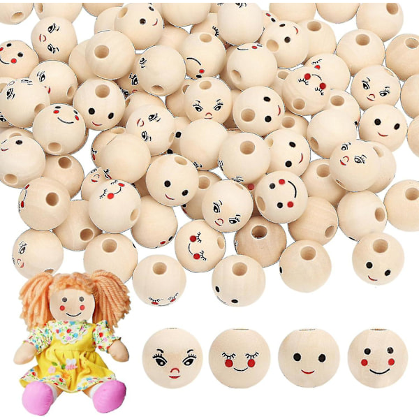 Wooden Balls With Face - 100 Wooden Beads With Smiley Faces (20 Mm, Round Beads For Diy Handmade Decorations)