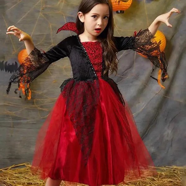 2024 Flickor Cosplay Vampyr Halloween Klänning För Barn Spökbrud Gotisk Kostym Greve Vampiran Karnevalsdräkt Svarta Röda Kläder Tillbehör Set 2 120cm Acc Set 2